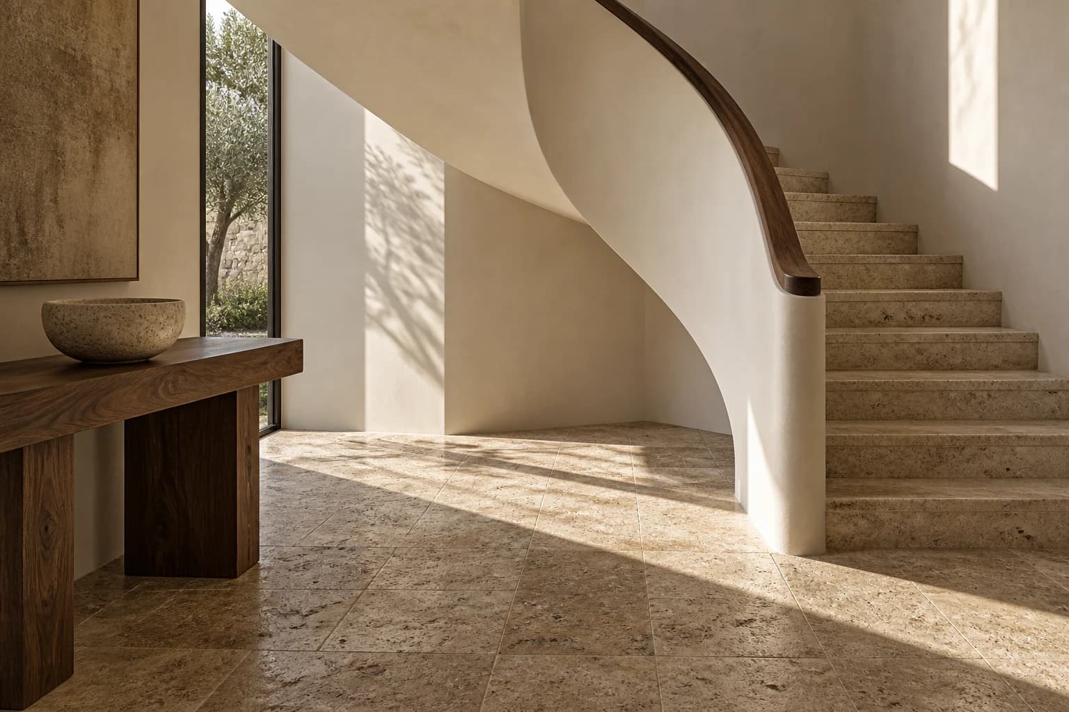 Sculptural plaster stair and handcrafted walnut detailing