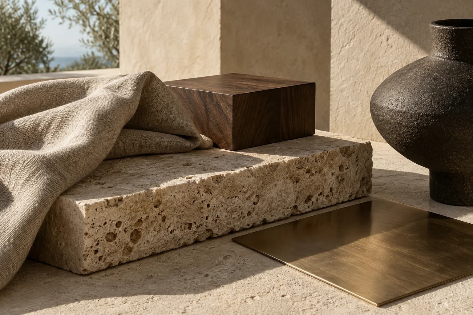 Travertine, walnut, linen and bronze material study