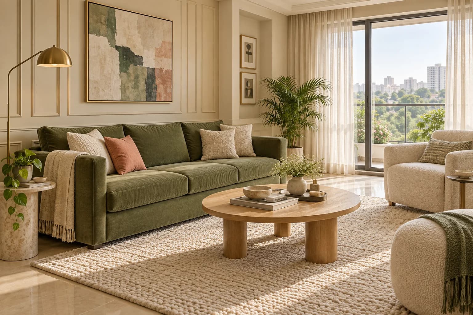 A bright contemporary home with a green sofa, warm oak furniture and soft natural light